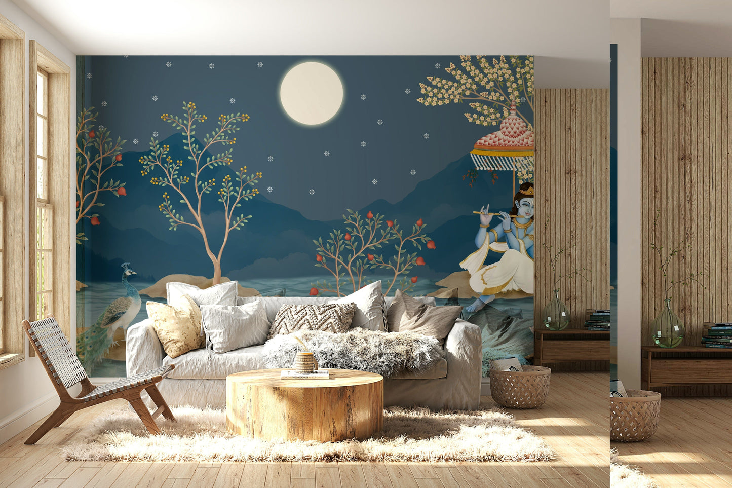 Home office wall with moonlight wallpaper, tidy backdrop for modern home styling