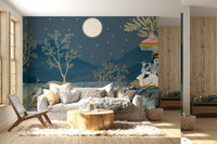 Home office wall with moonlight wallpaper, tidy backdrop for modern home styling
