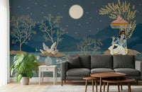 Bedroom feature wall with lunar mural, quiet night scene and clean lines