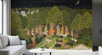 Krishna forest scene wall mural with stars and dense trees