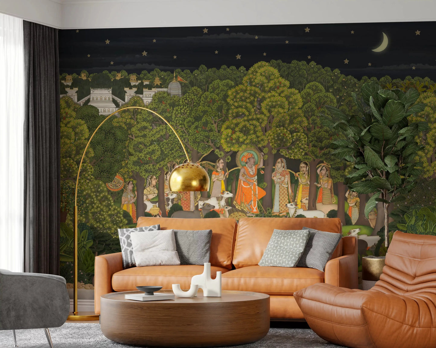 Night forest wall mural in rich green and dark sky tones