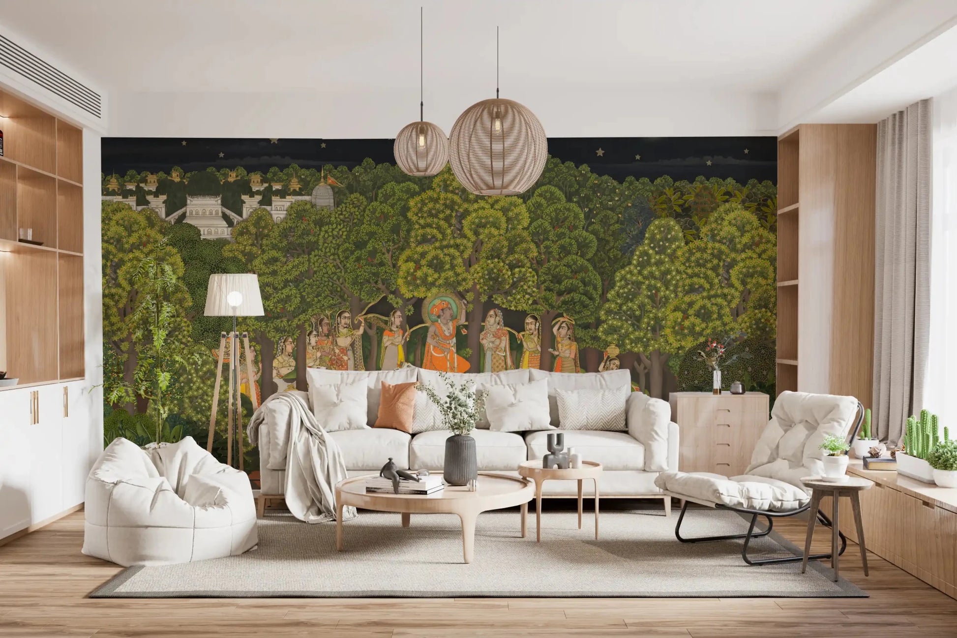 Hallway Krishna's Enchanted Forest Night wall mural featuring Krishna