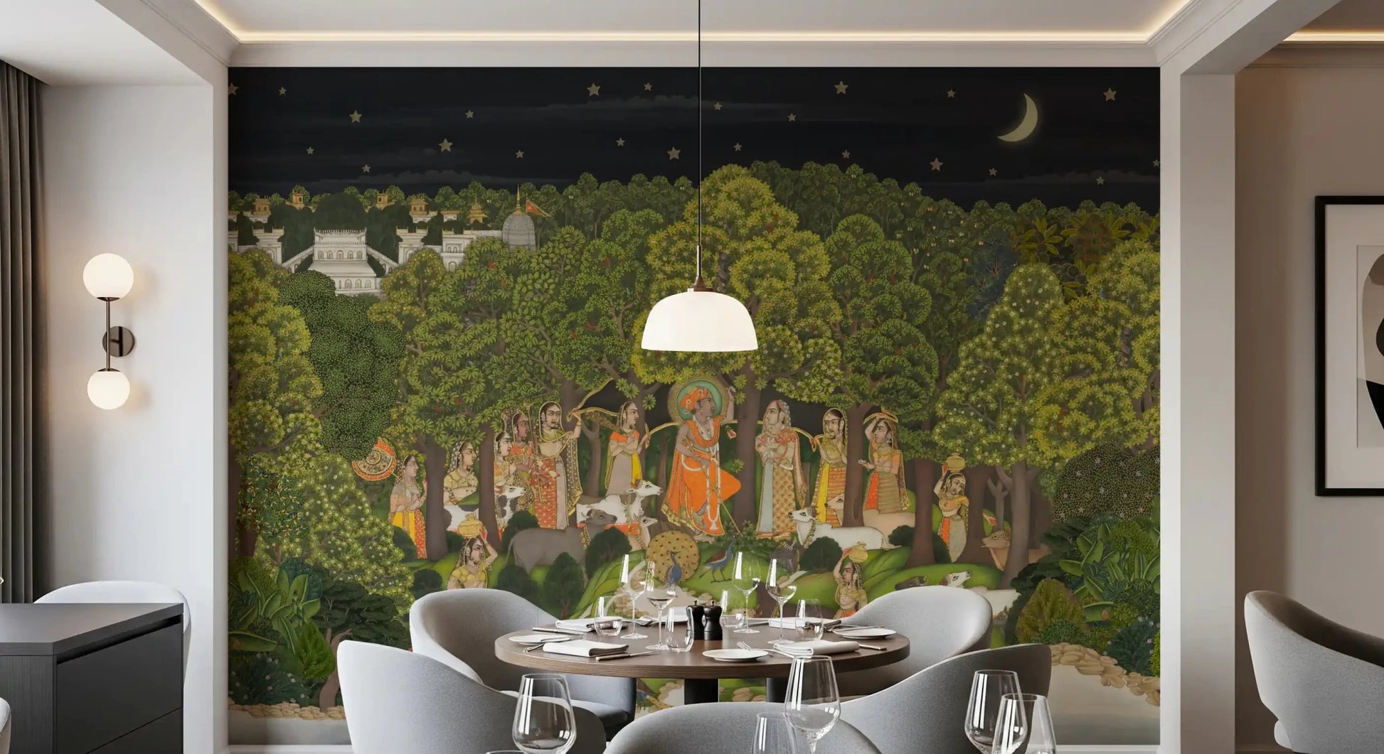 Mythology landscape wall mural with Krishna figures and animals
