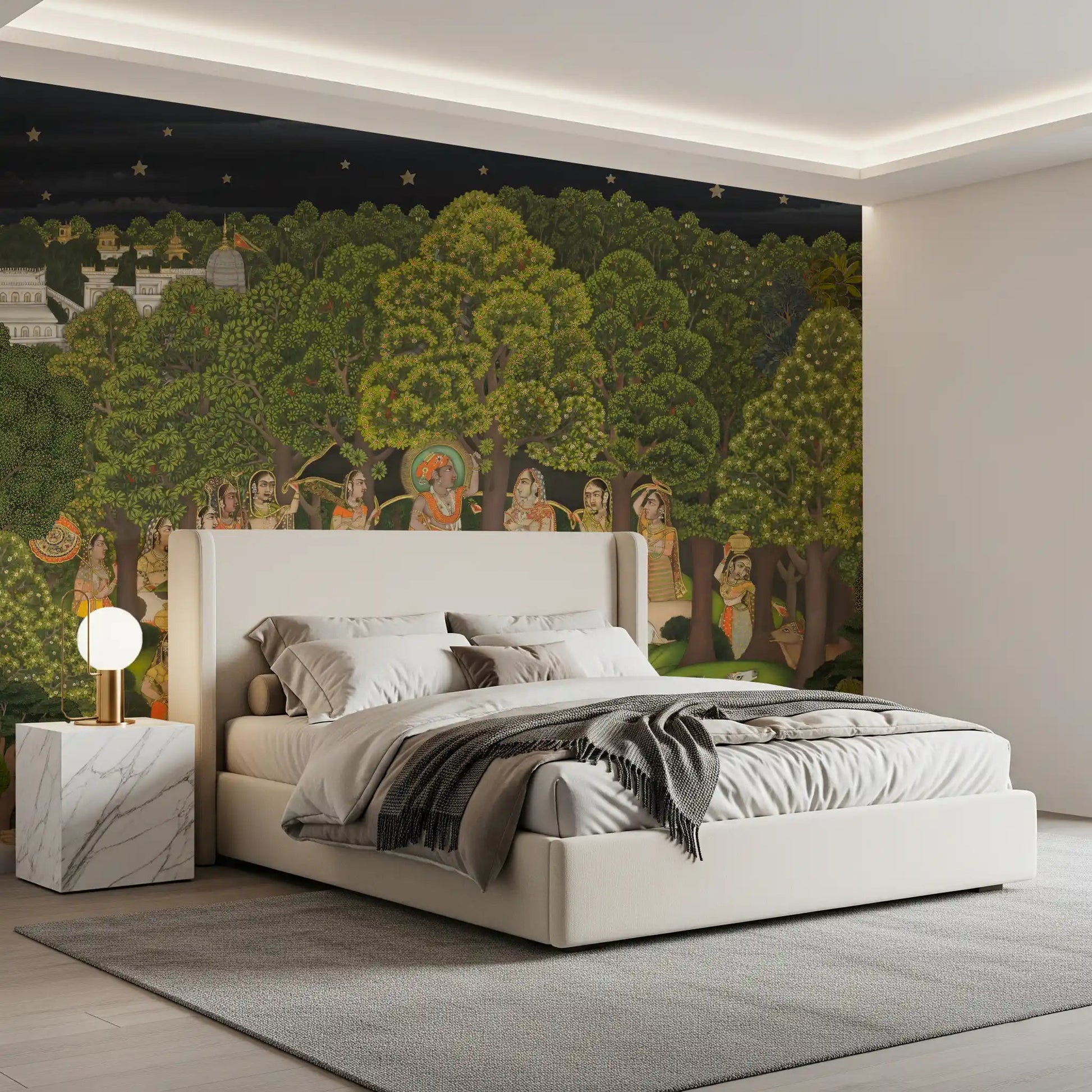 Bedroom Krishna's Enchanted Forest Night wall mural with moon sky