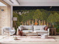 Cultural forest landscape wall mural with moon and stars