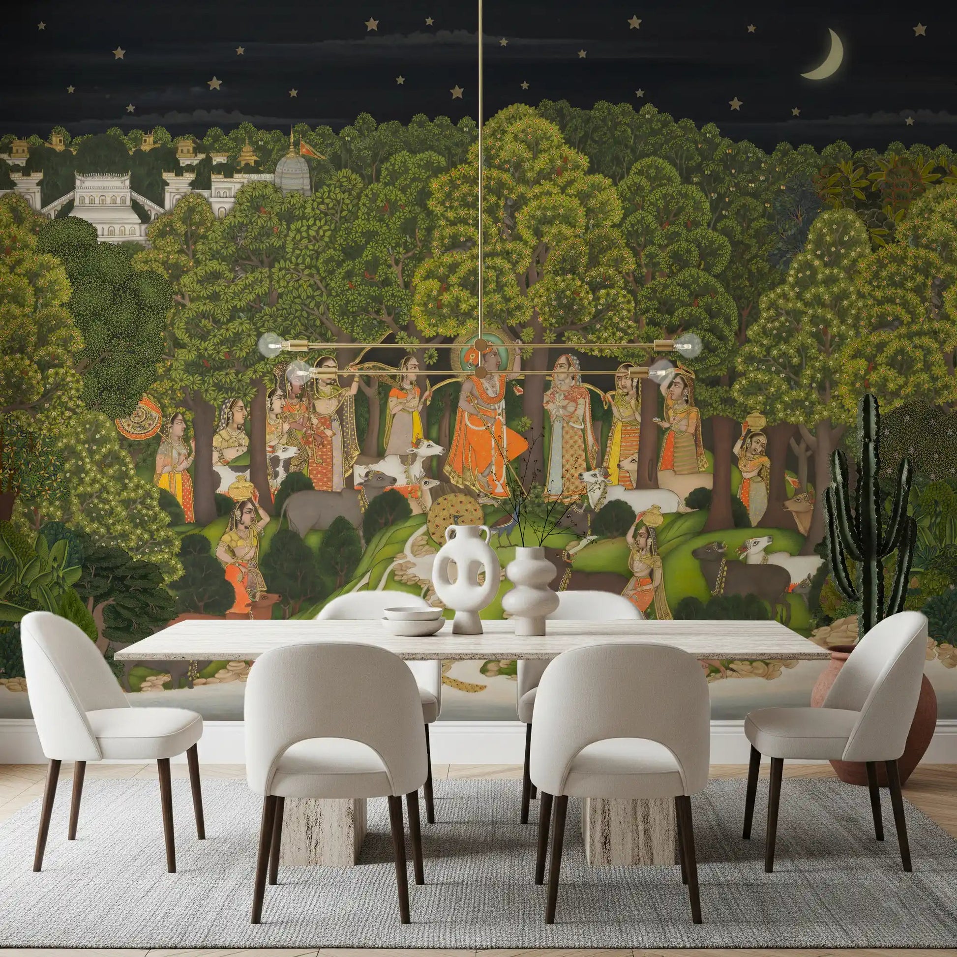 Dining room Krishna's Enchanted Forest Night wall mural with wildlife