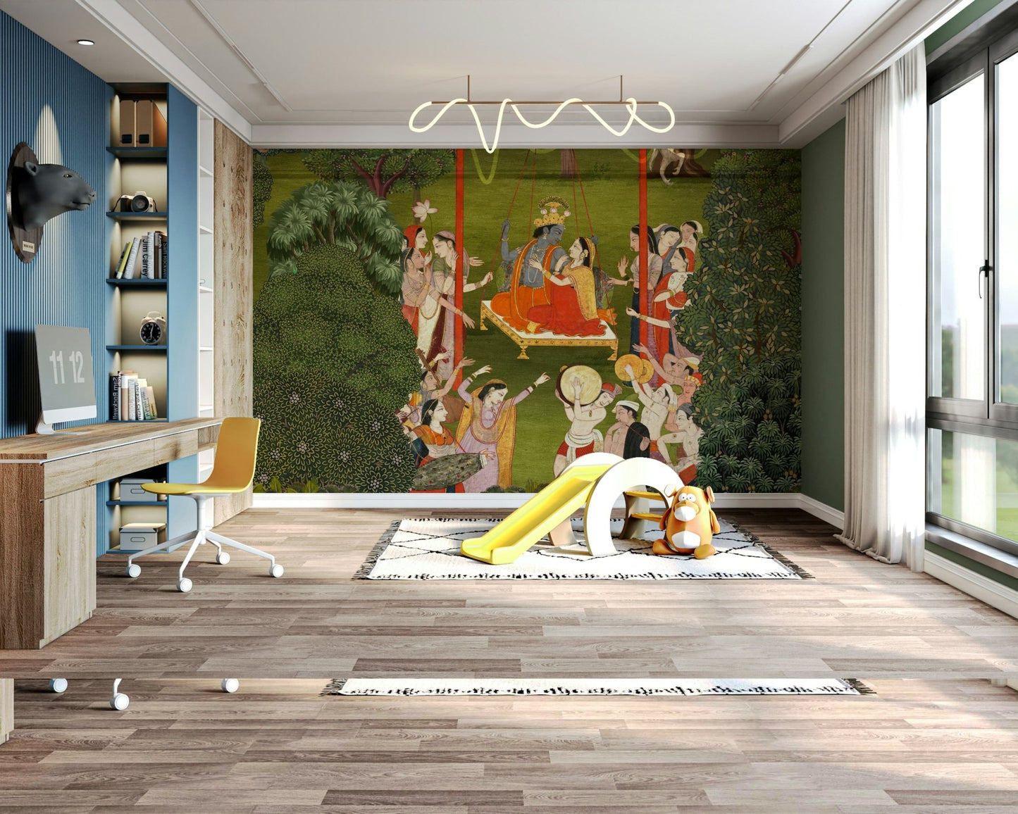 Study nook wall with garden swing wallpaper, nature theme for tidy home styling