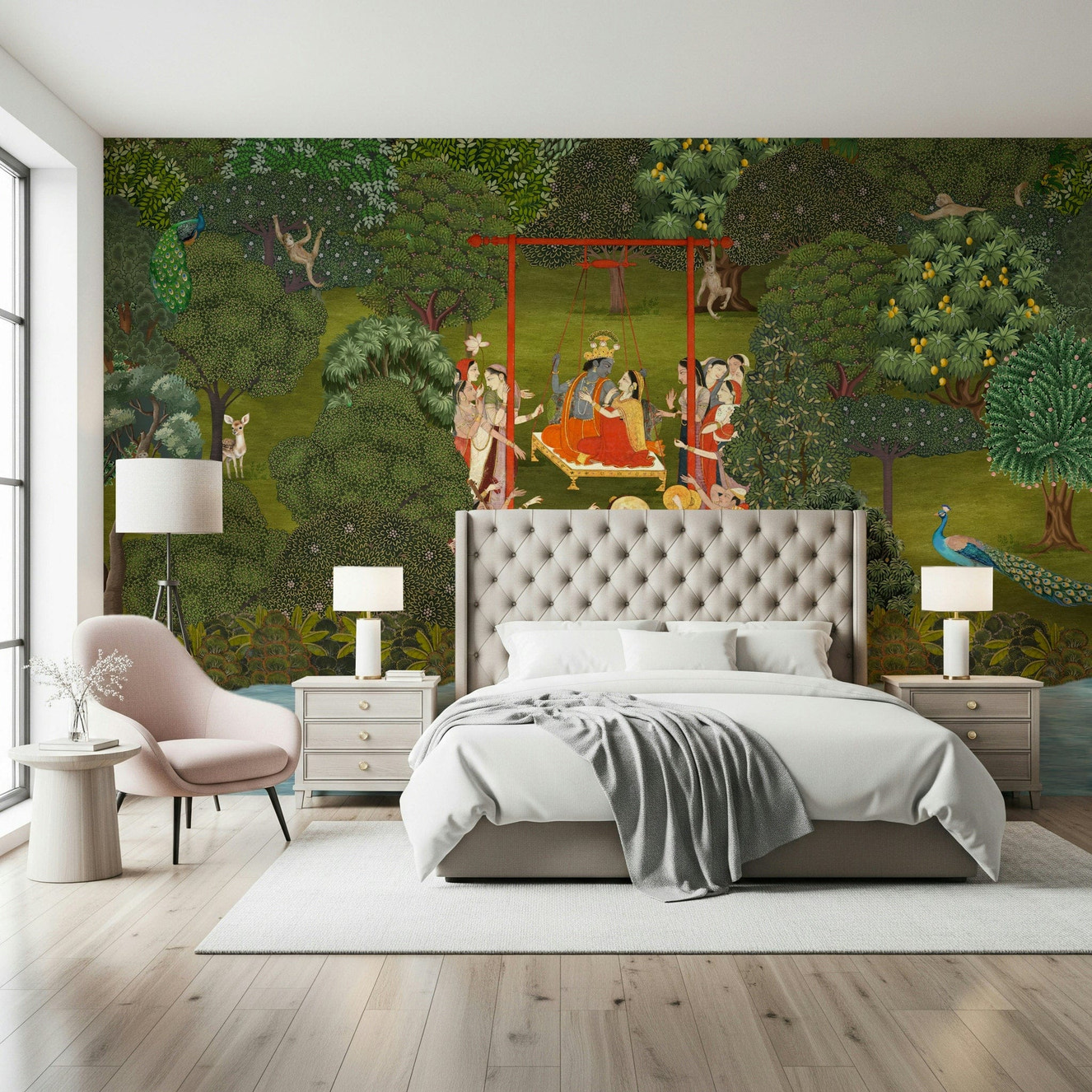 Krishna's Garden Swing Wall Mural in living space, calm garden artwork for home styling