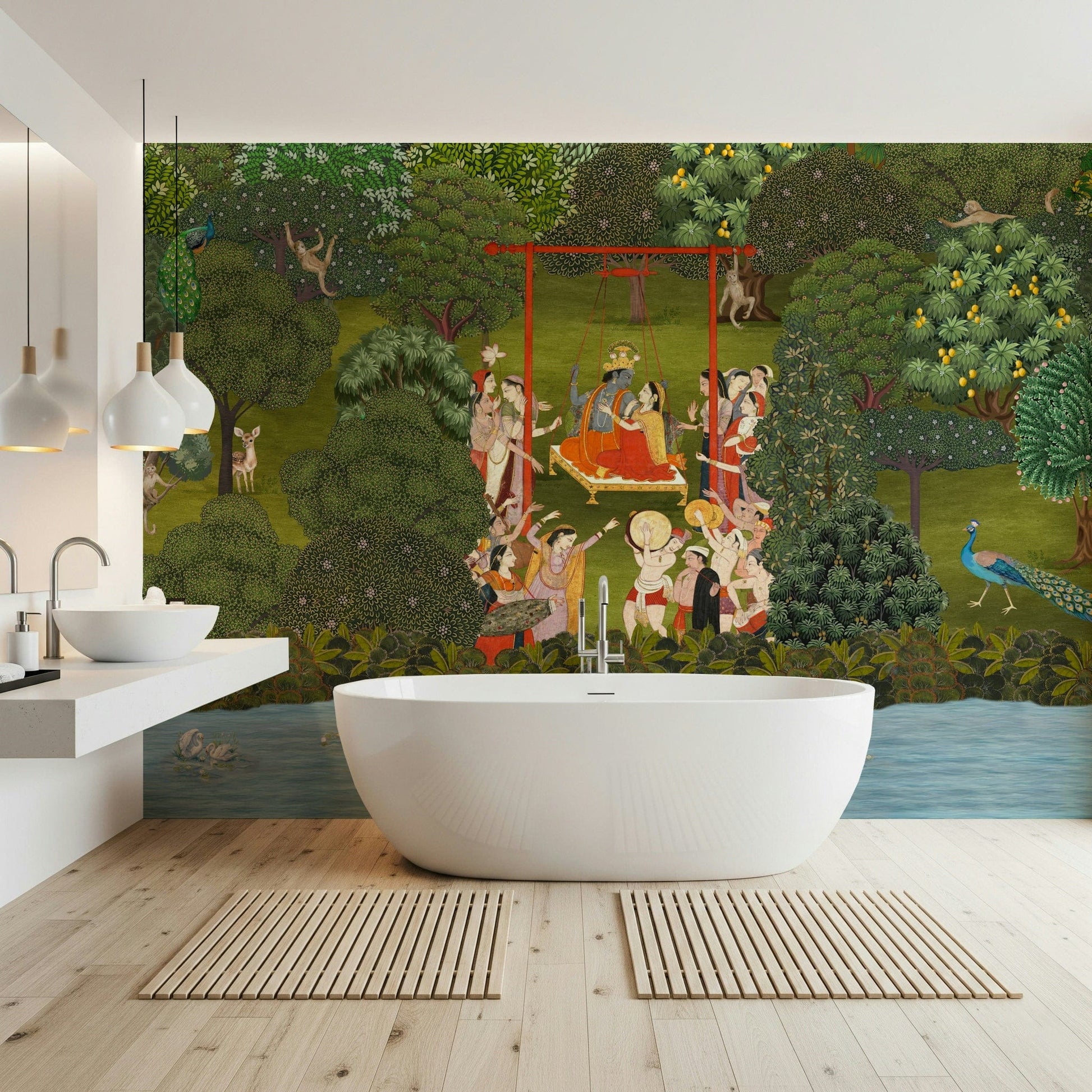 Reading corner wall with Krishna garden swing wallpaper, soft colours and floral detail