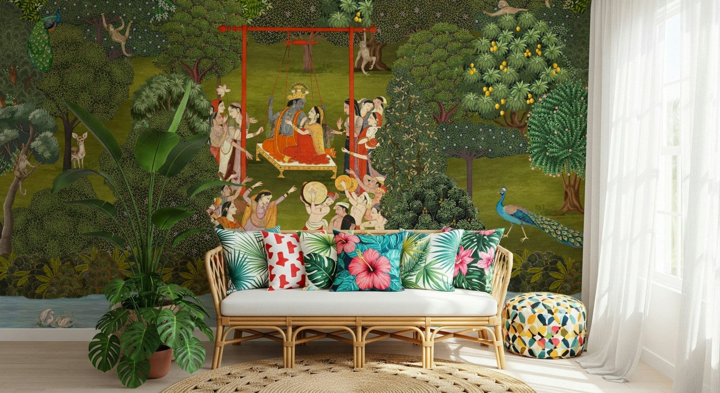 Bedroom headboard wall with garden mural, gentle tones and calm living space look