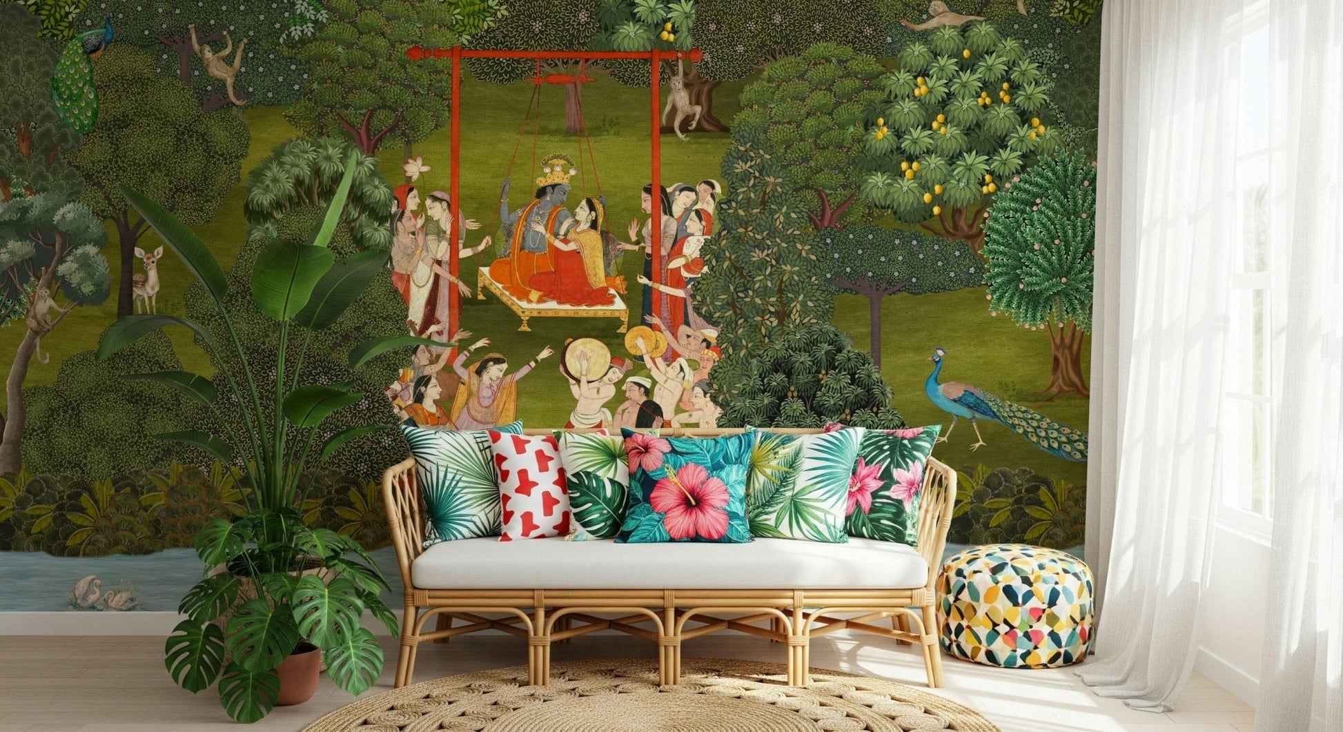 Bedroom headboard wall with garden mural, gentle tones and calm living space look