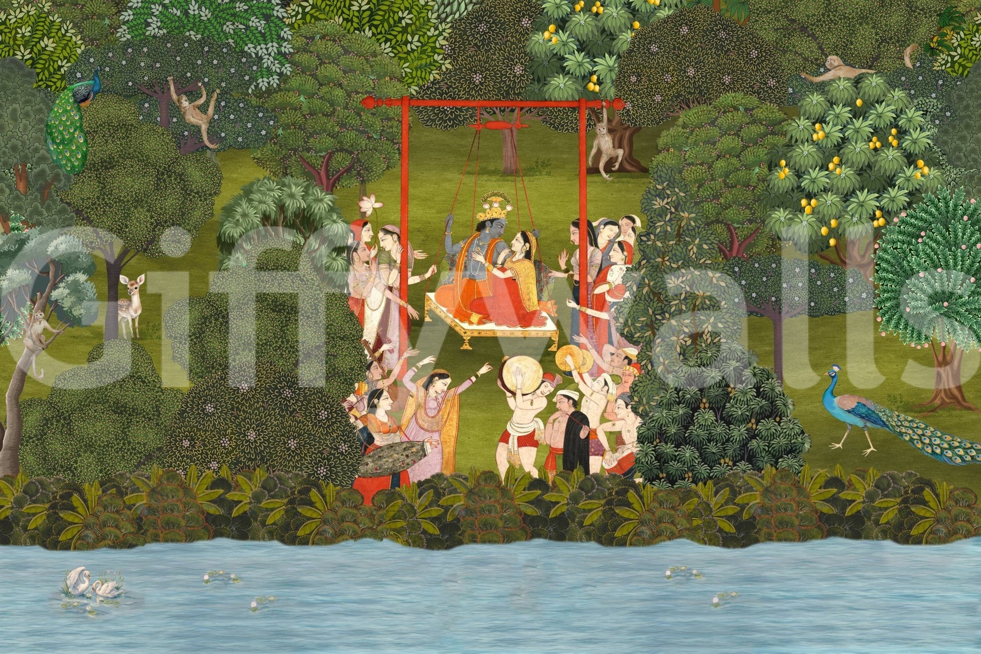 Sitting area feature wall with Krishna's Garden Swing Wall Mural, calm garden theme