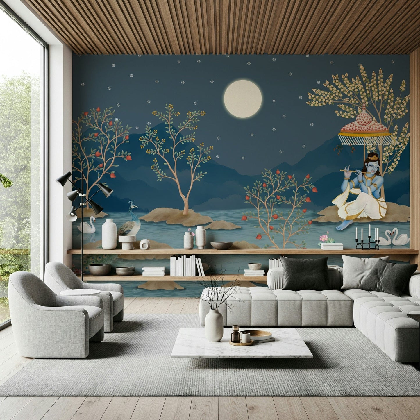 Reading corner wall with Krishna's Lunar Serenity Wall Mural, moonlit scene detail