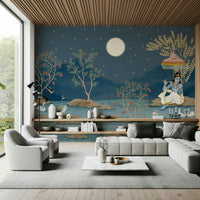 Reading corner wall with Krishna's Lunar Serenity Wall Mural, moonlit scene detail