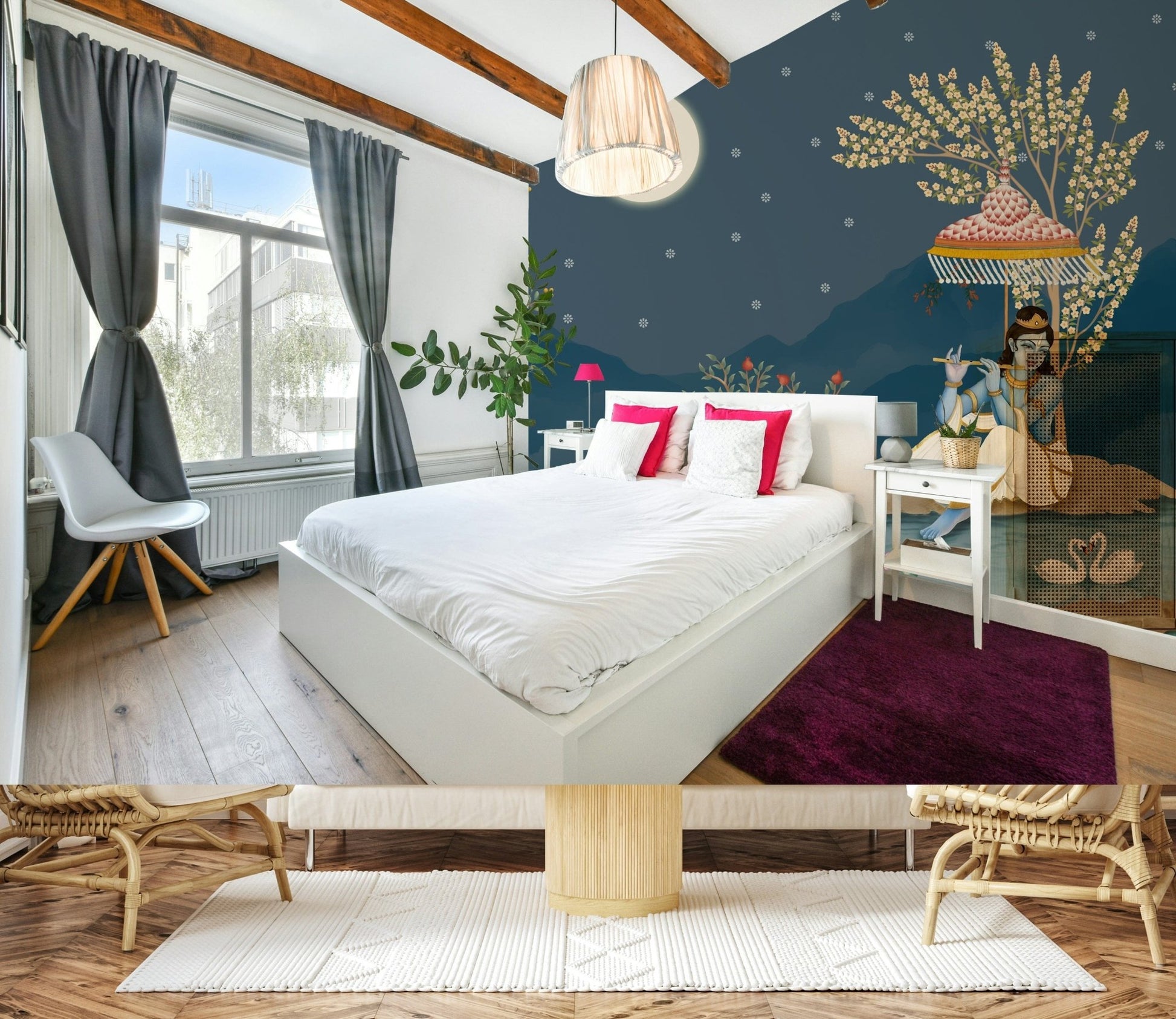 Entryway feature wall with Krishna's Lunar Serenity mural, soft night sky look