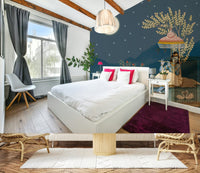 Entryway feature wall with Krishna's Lunar Serenity mural, soft night sky look