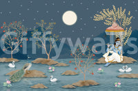 Reception wall with lunar-themed mural, modern night look and soft tones
