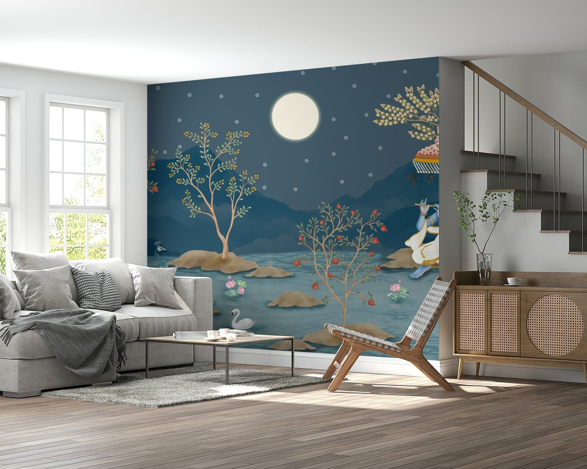 Study nook wall with lunar sky mural, calm background and clean design