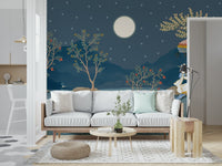 Bedroom headboard wall with moon and stars wallpaper, soft colours and calm mood