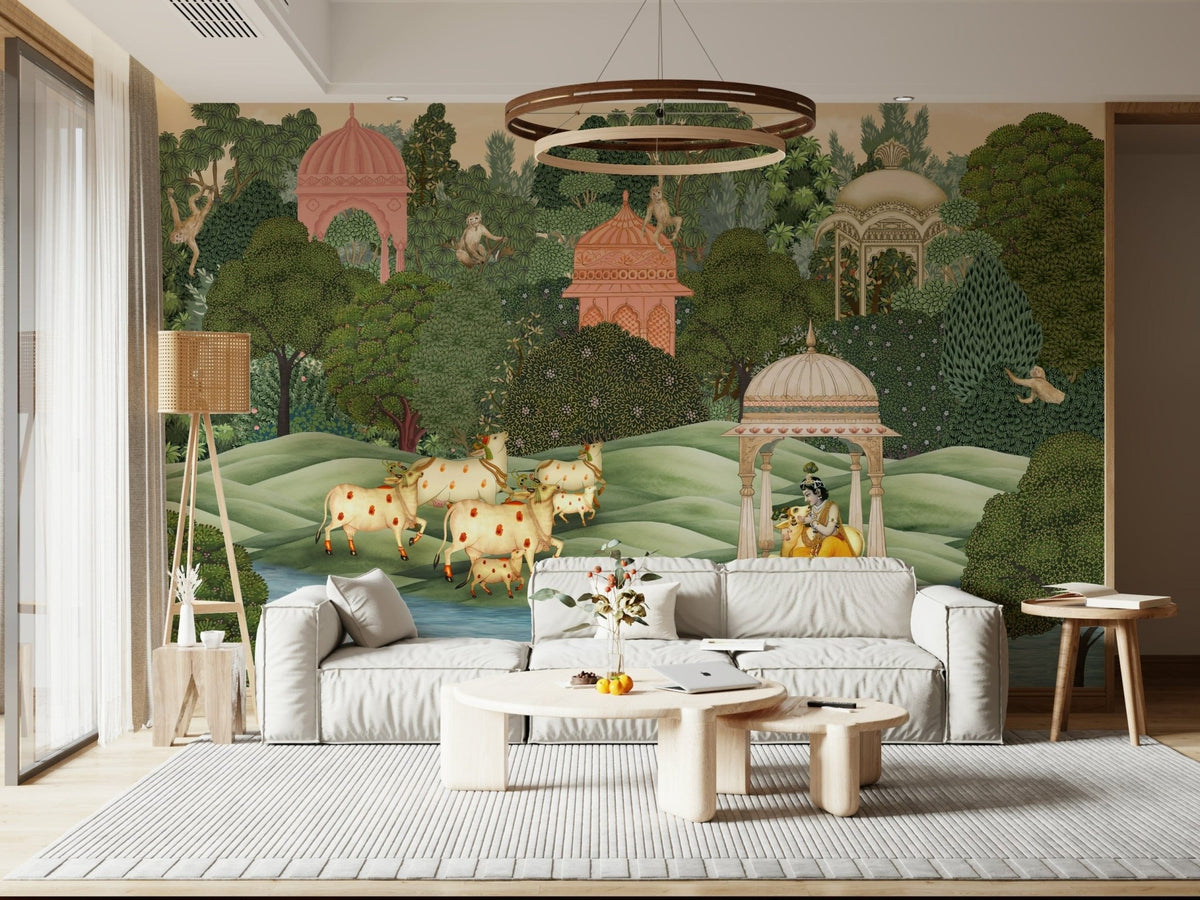 Krishna’s Sanctuary wall mural with serene temple garden scene