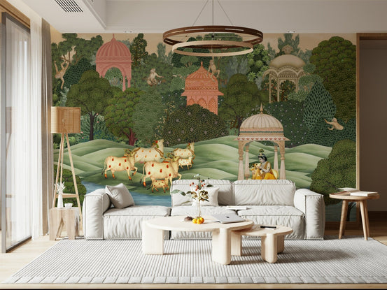 Krishna’s Sanctuary wall mural with serene temple garden scene