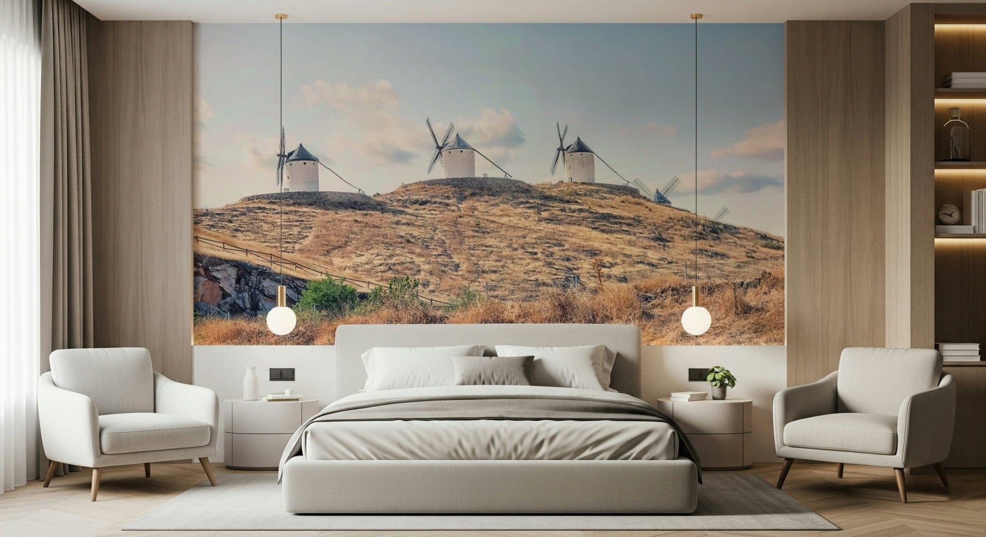 Iconic white La Mancha Windmills wall mural Spanish landscape.