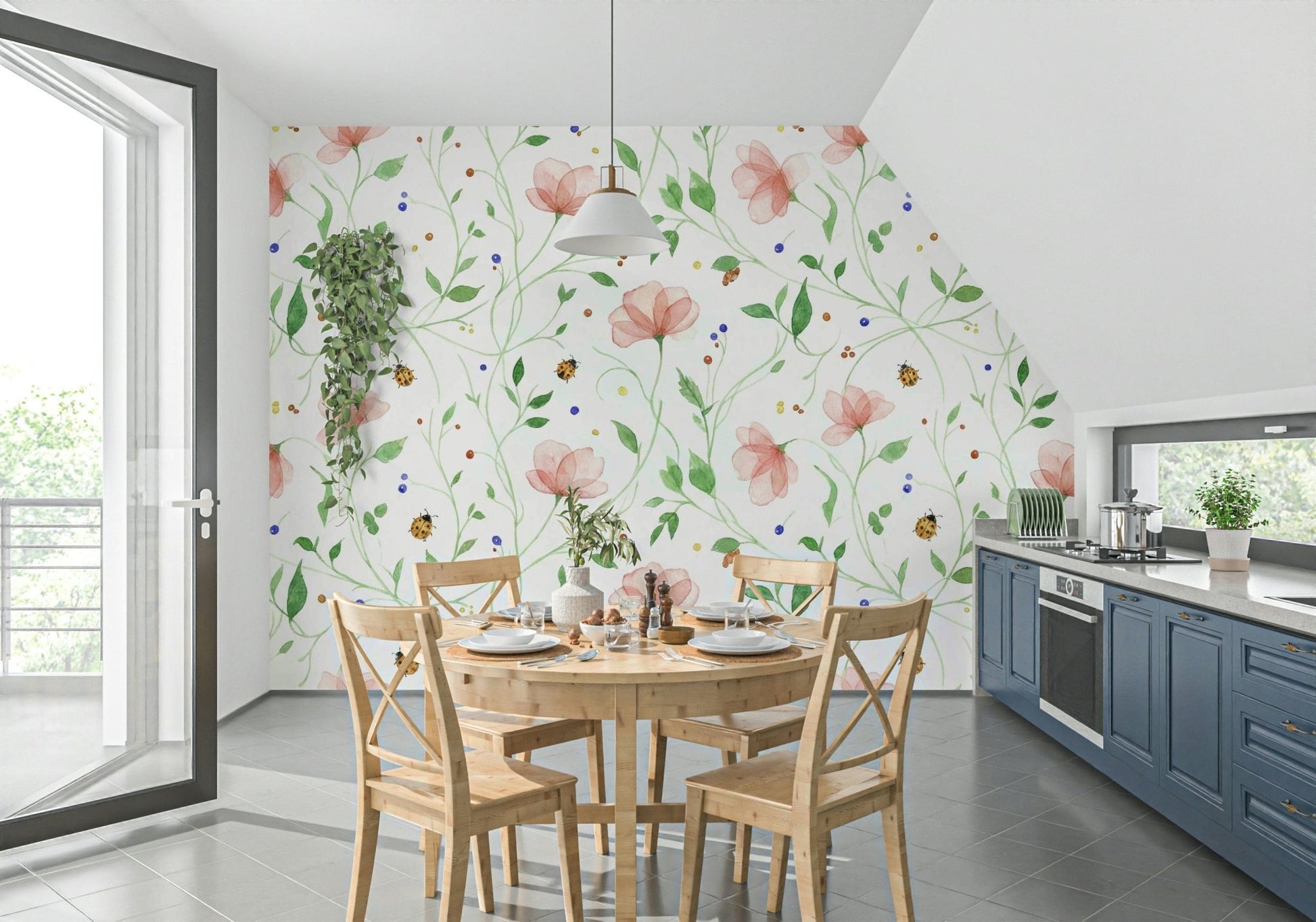 Peel and stick Ladybug Bloom Wall Mural installed in a creative home office.