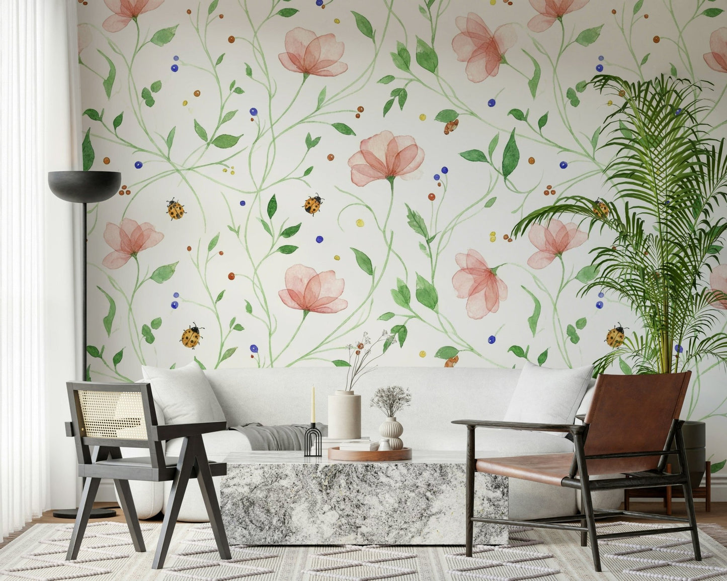 Minimalist apartment living room featuring a macro nature wall mural.