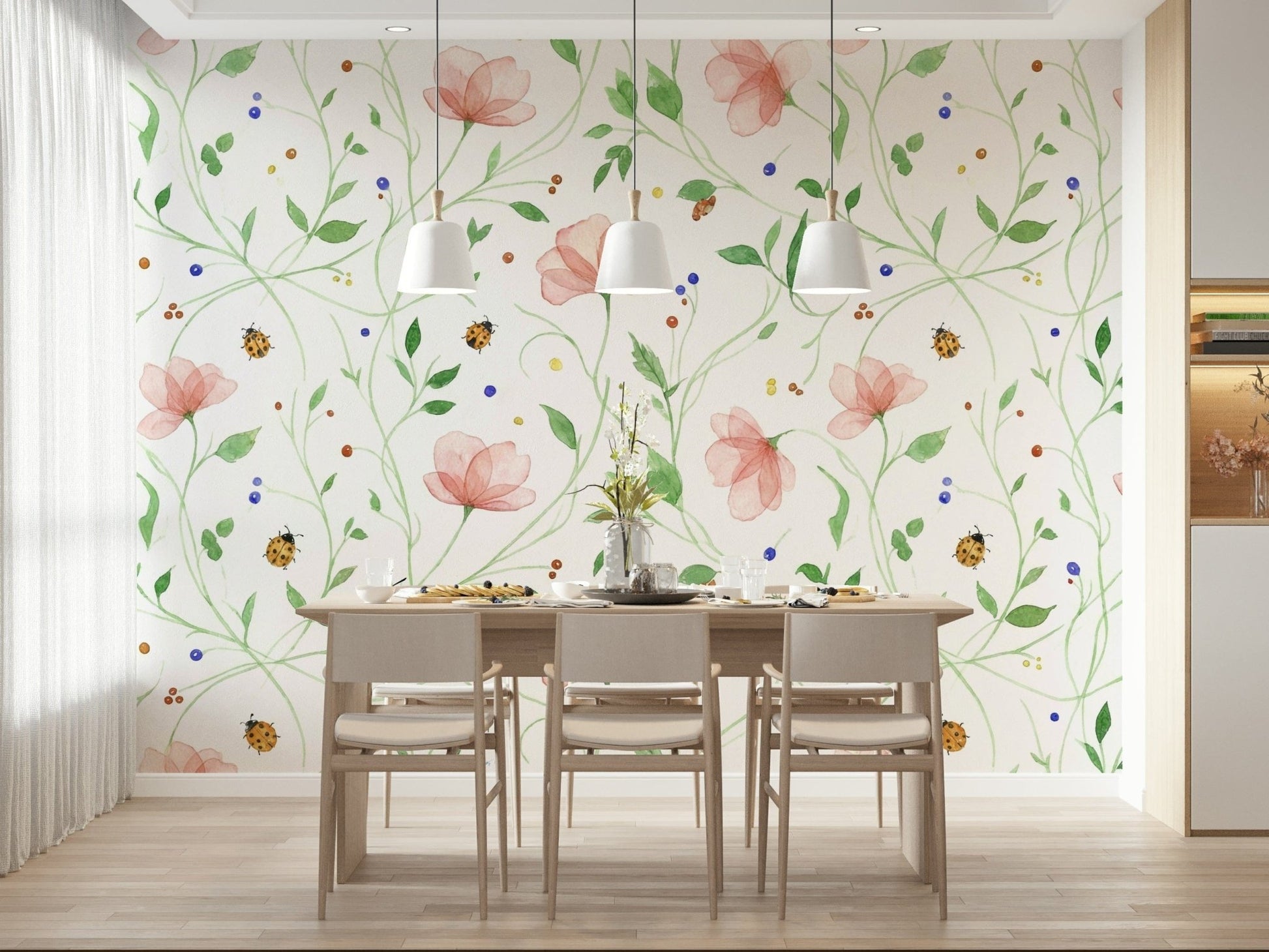 Botanical leaf patterns and small beetles on a white wall decor background.