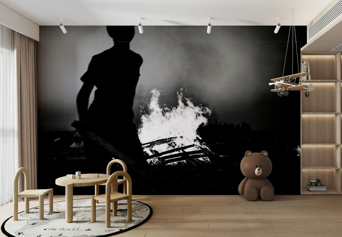 A contemplative bonfire scene wallpaper mural for a feature wall.

