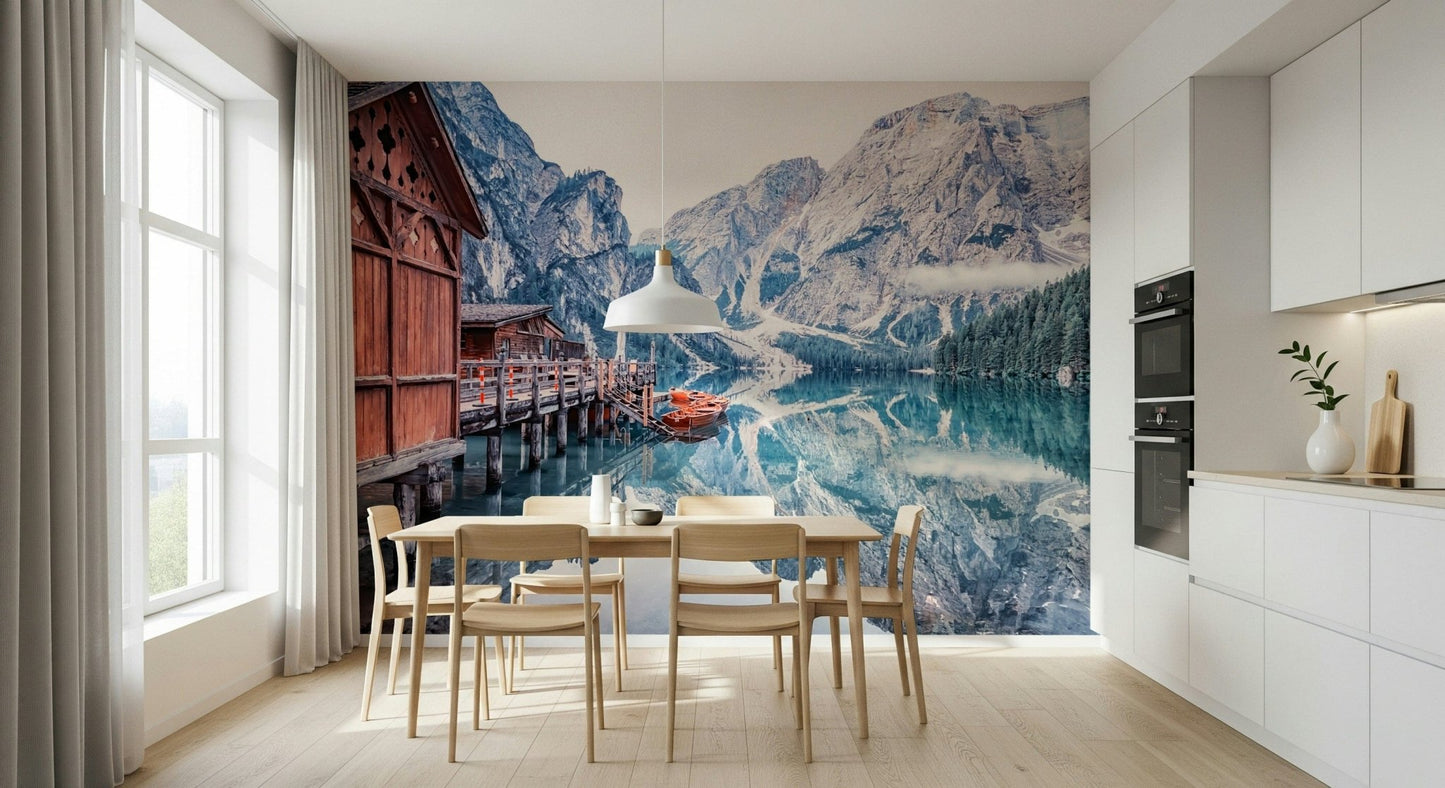 Glacial blue lake wooden pier Lago di Braies Reflection wall mural