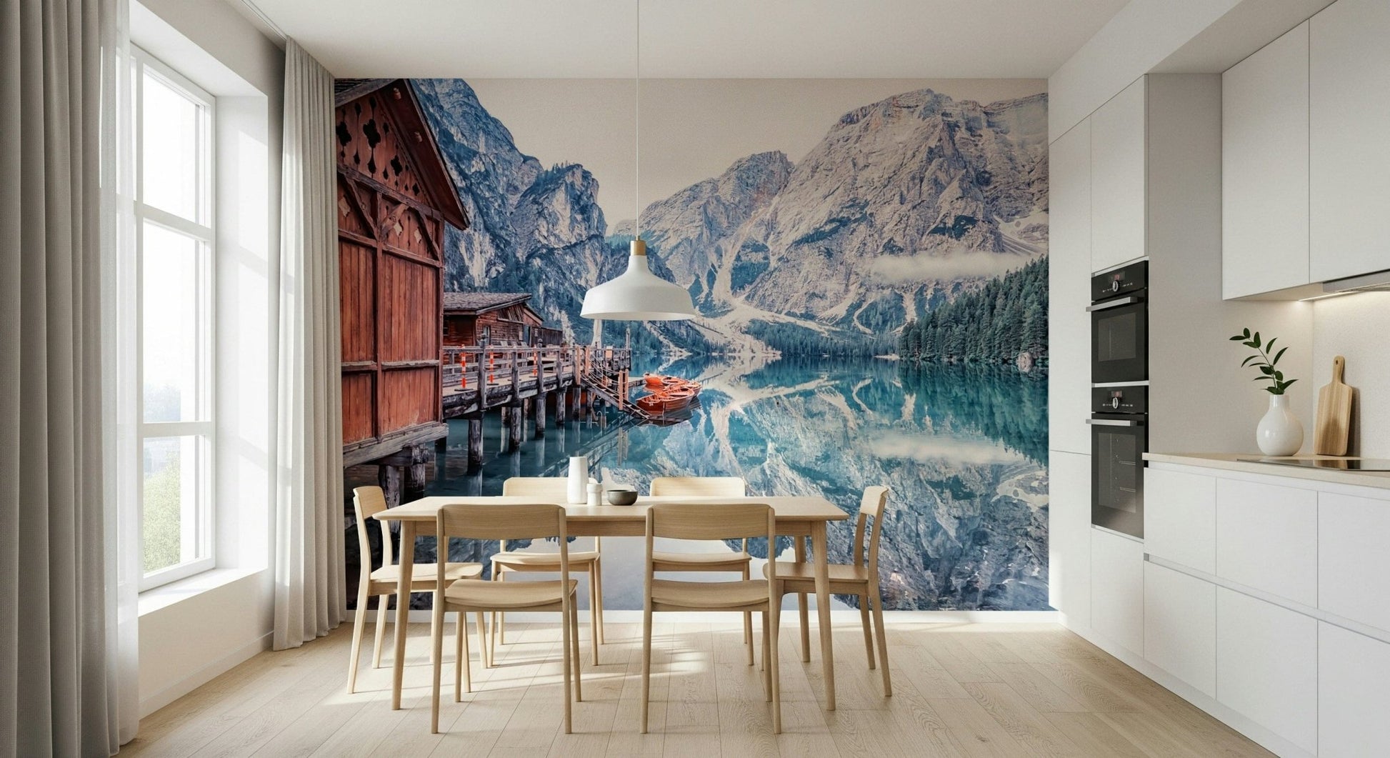 Glacial blue lake wooden pier Lago di Braies Reflection wall mural