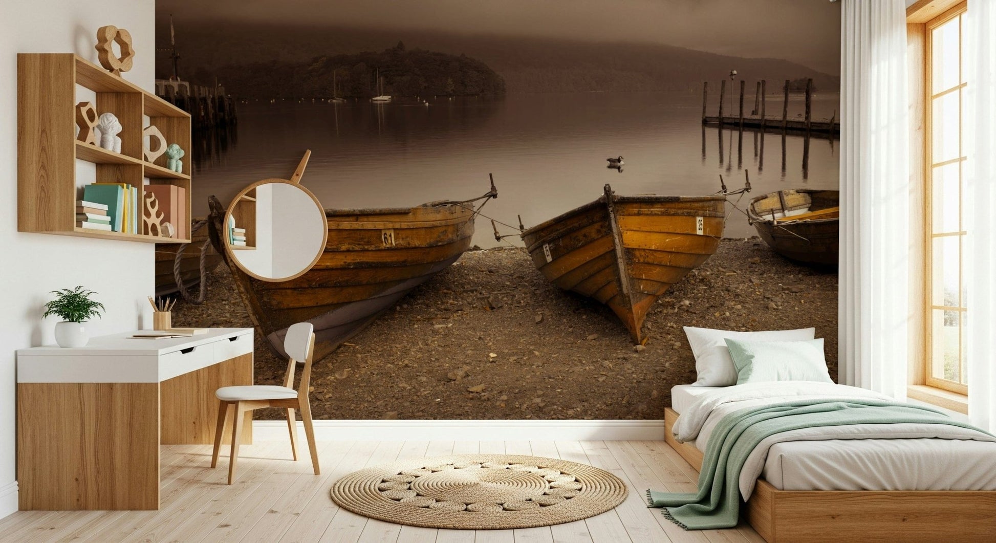 Moody nature wallpaper featuring wooden boats and a foggy lake in warm sepia shades.