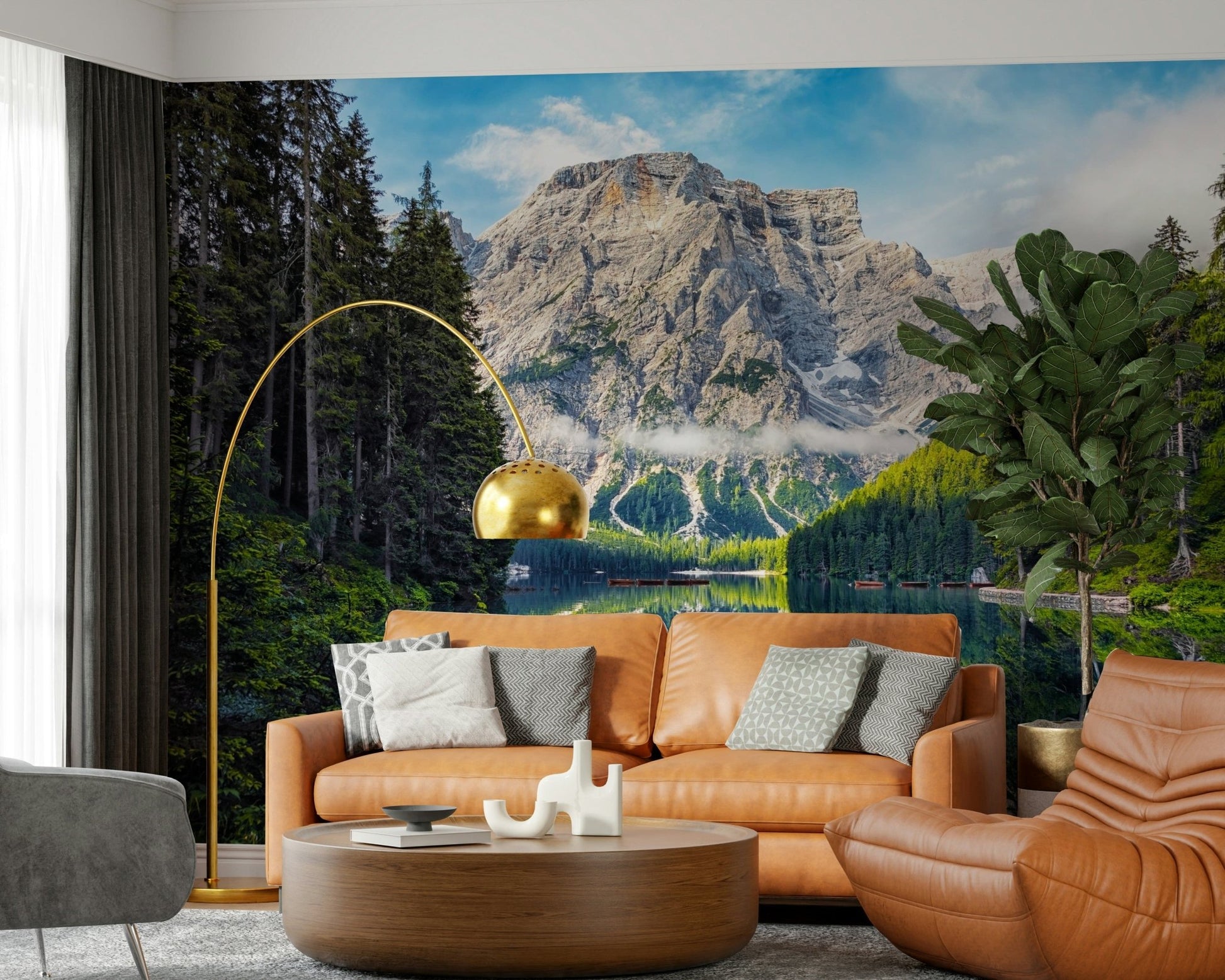 Evergreen trees Lake Braies Majesty wallpaper for walls design.