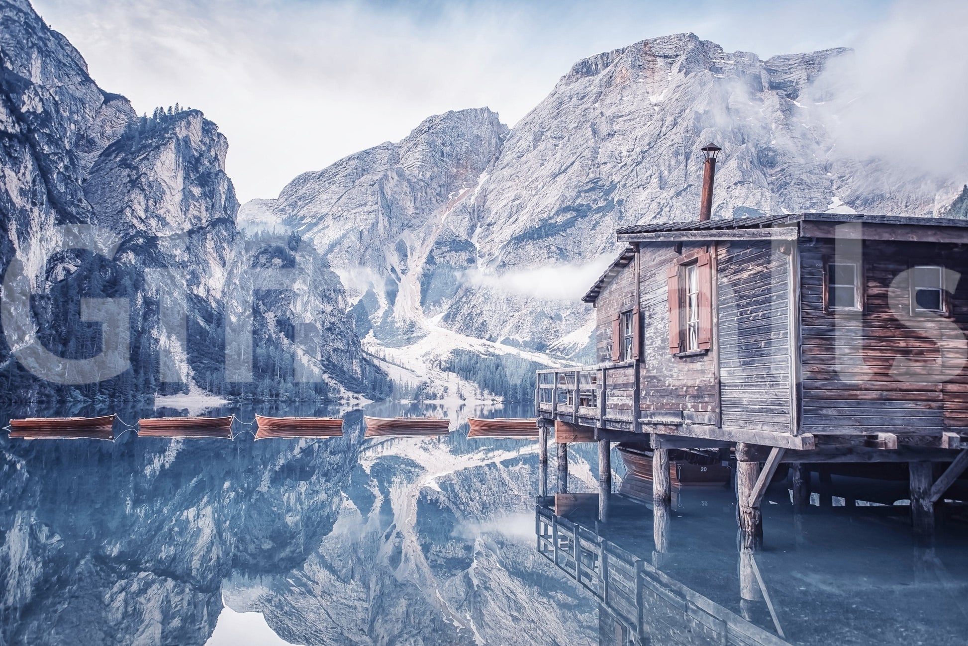 Italian Alps scenery Braies Lake Serenity wall mural.