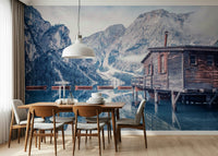 Braies Lake Serenity timber hut wallpaper for walls.
