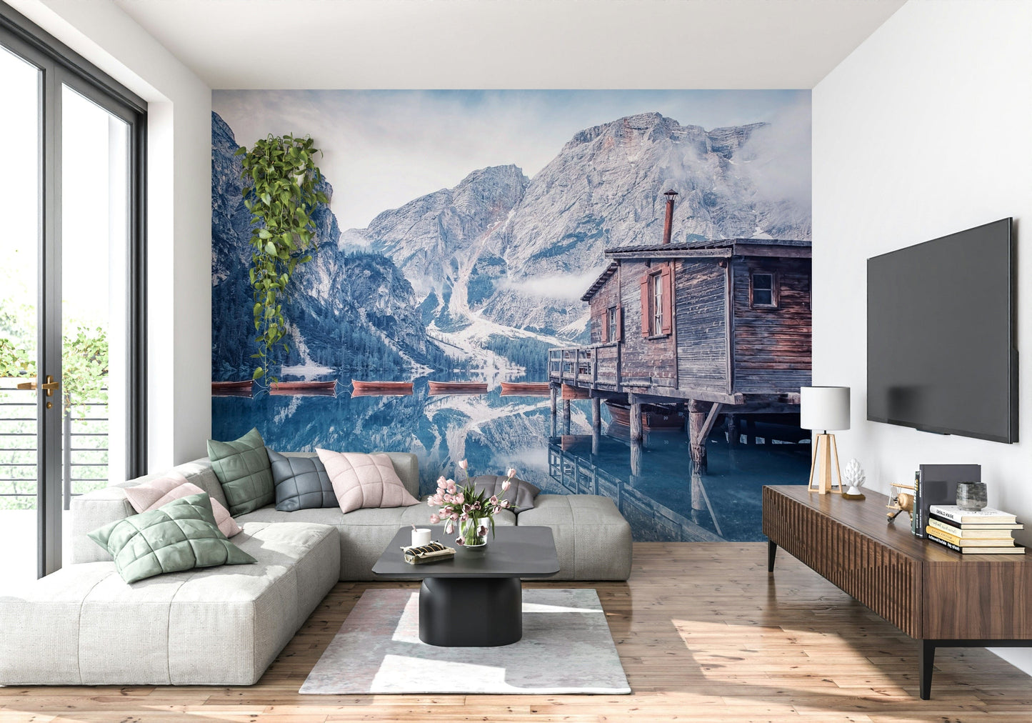 Calm blue water Braies Lake Serenity wall mural.