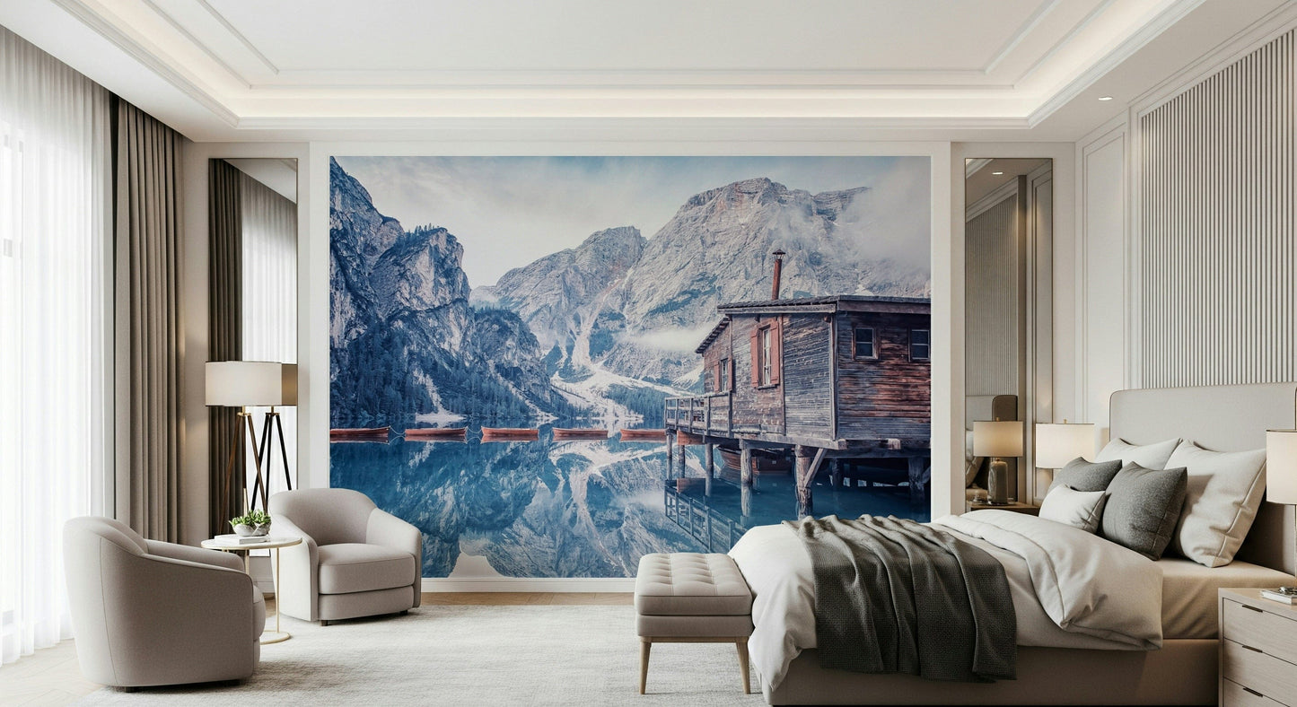 Braies Lake Serenity rustic boathouse wallpaper for walls.