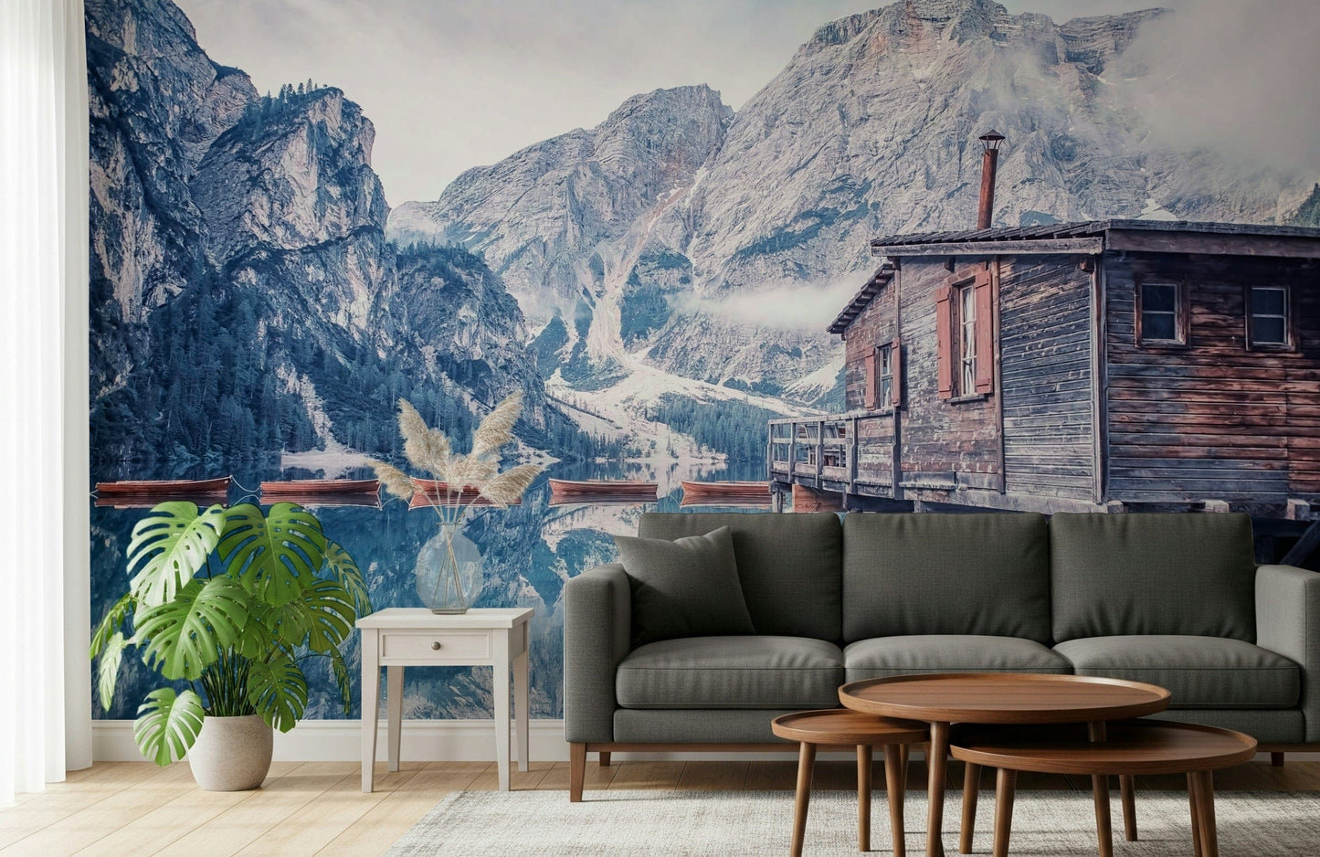 Misty Dolomites peaks Braies Lake Serenity wallpaper mural.