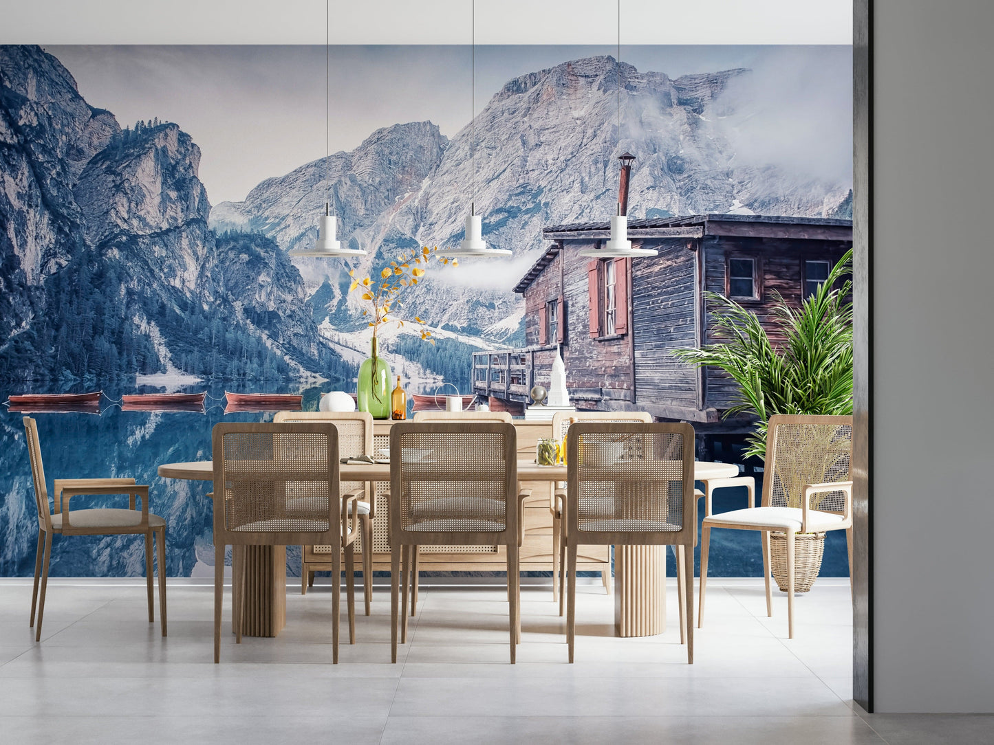 Alpine mountain reflection Braies Lake Serenity wall mural.