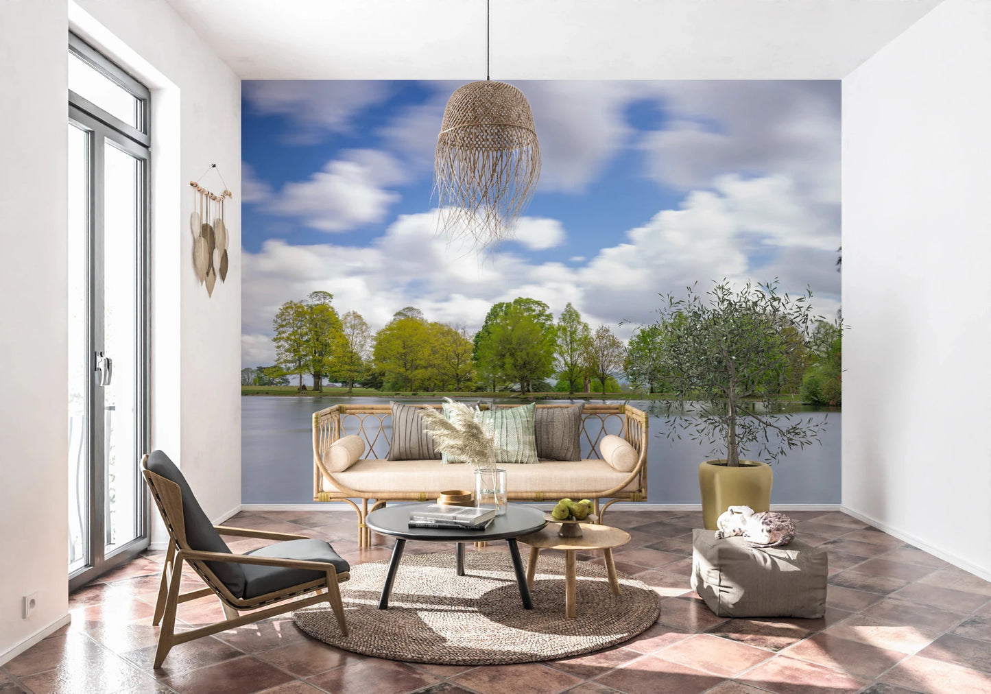 Vivid green trees line the shore of this Lake Guardian Wall Mural.