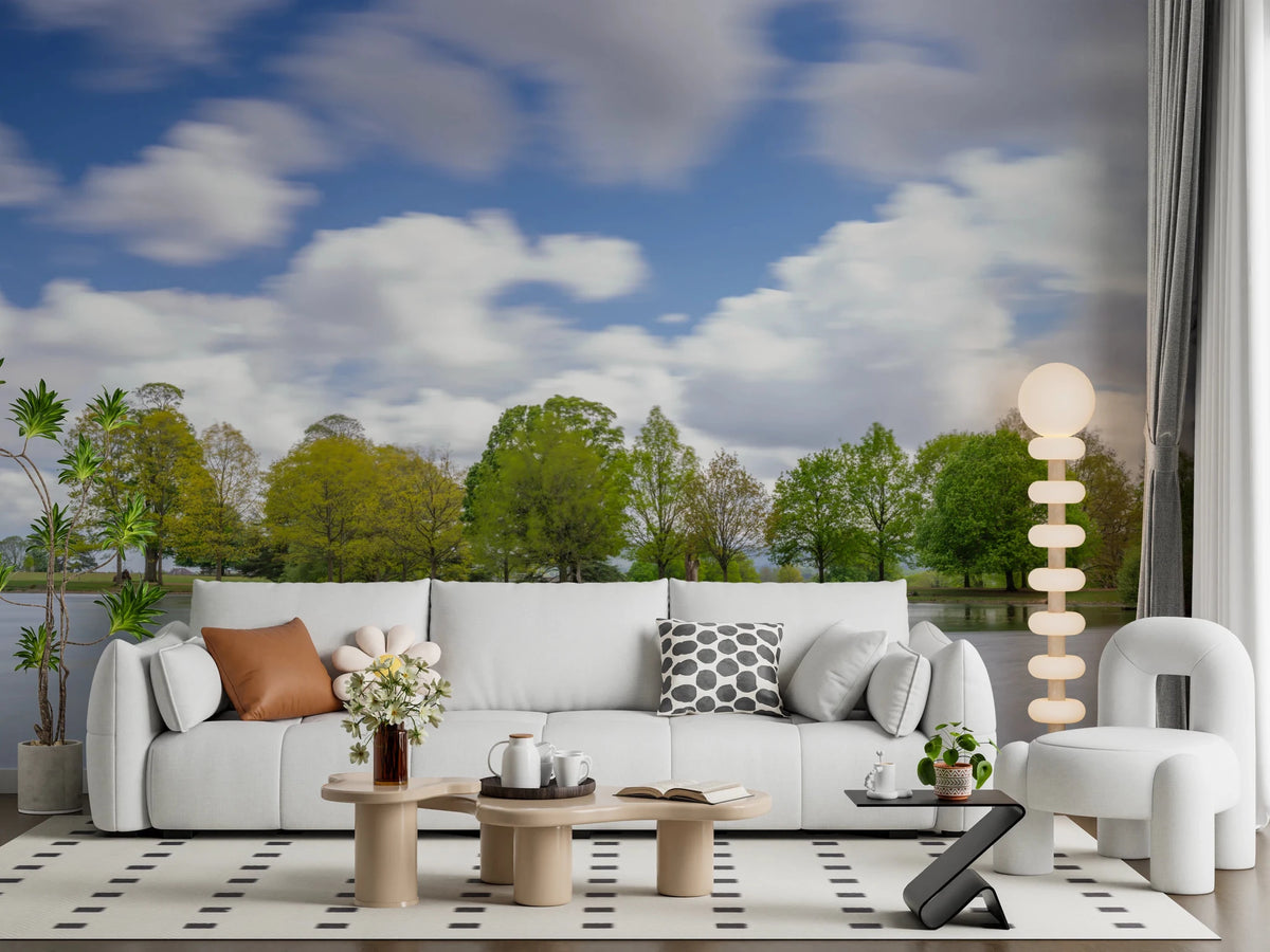 Blue sky and trees in this Lake Guardian Wall Mural living room design.