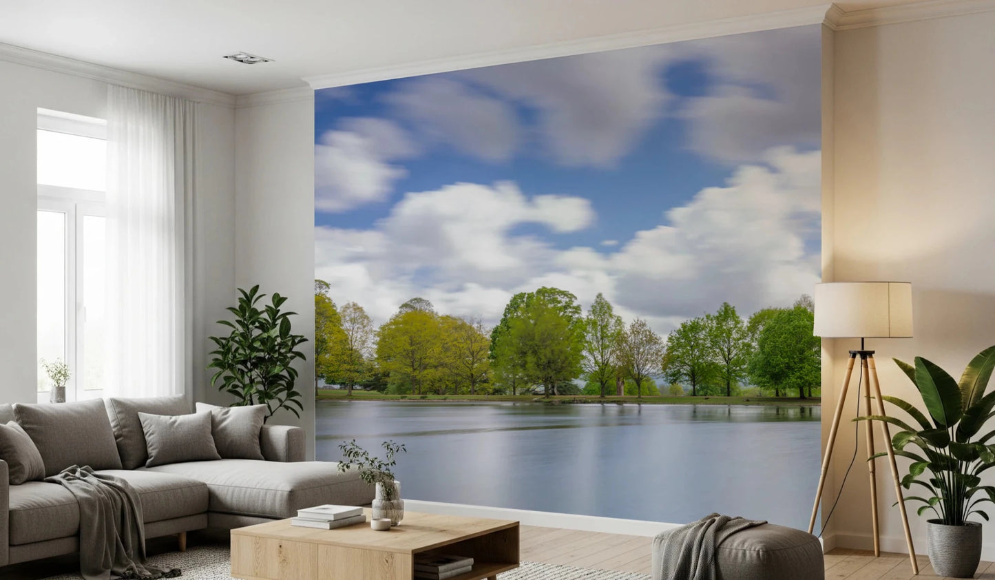 Bright scenic Lake Guardian living room Wall Mural featuring woodland trees.