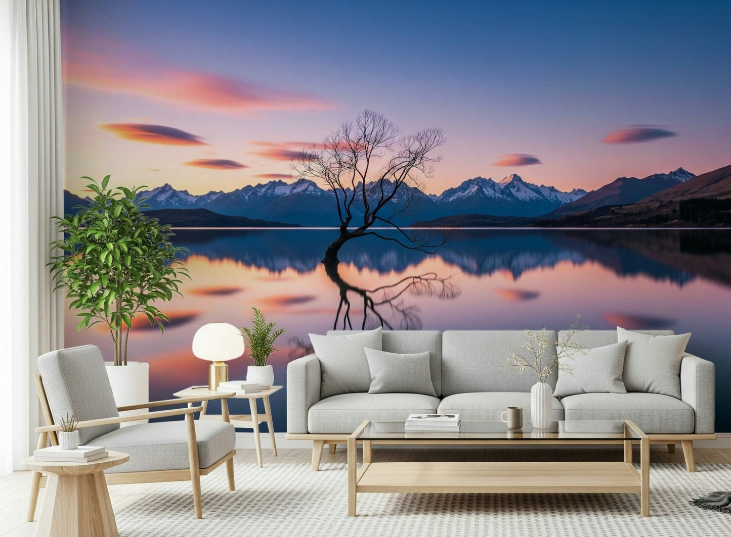 Order Lake Serenity Dusk peel and stick wallpaper, quick installation, dreamy scenery.