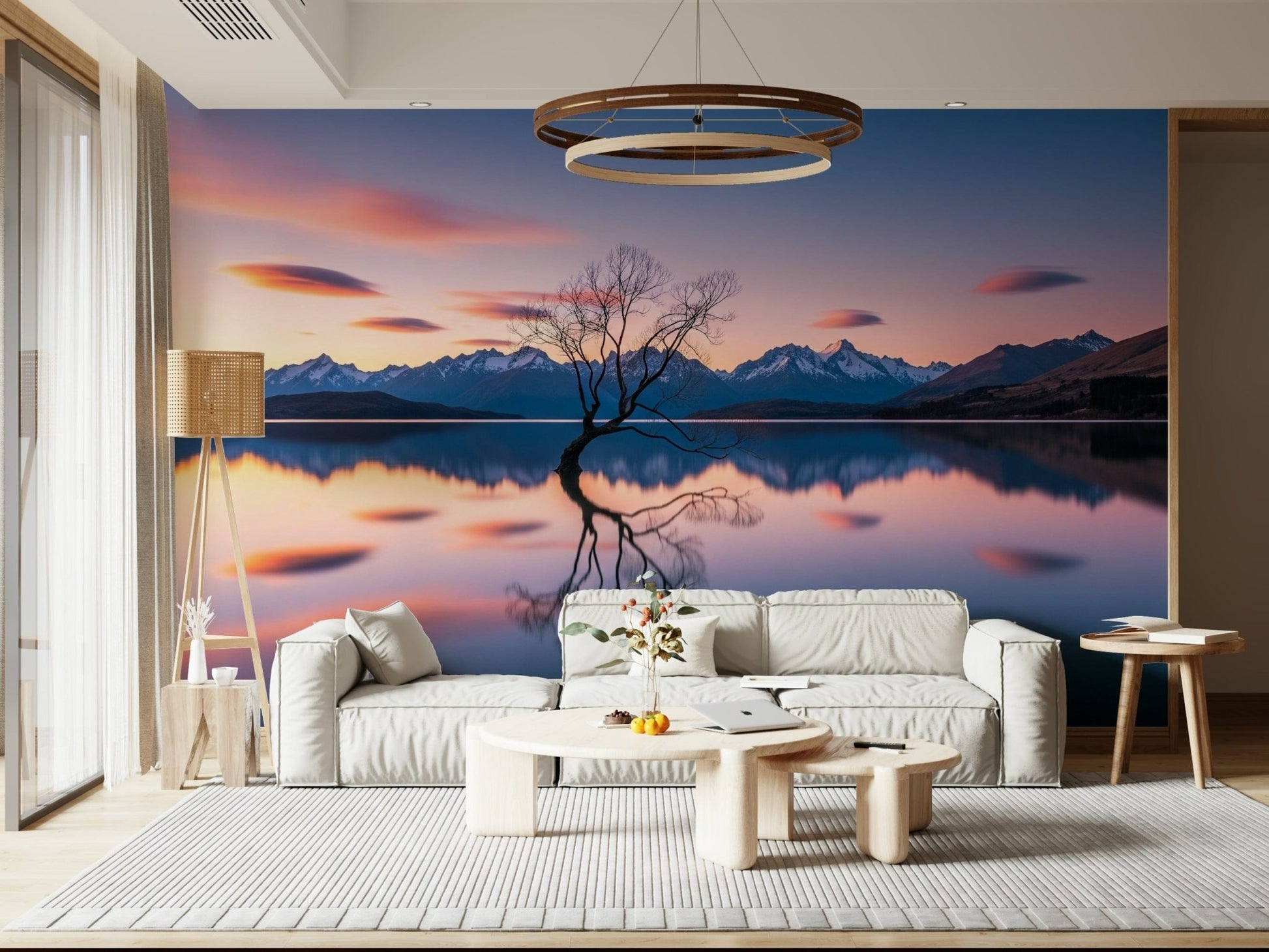 New Lake Serenity Dusk wall mural, perfect for bedrooms, purple and orange hues.