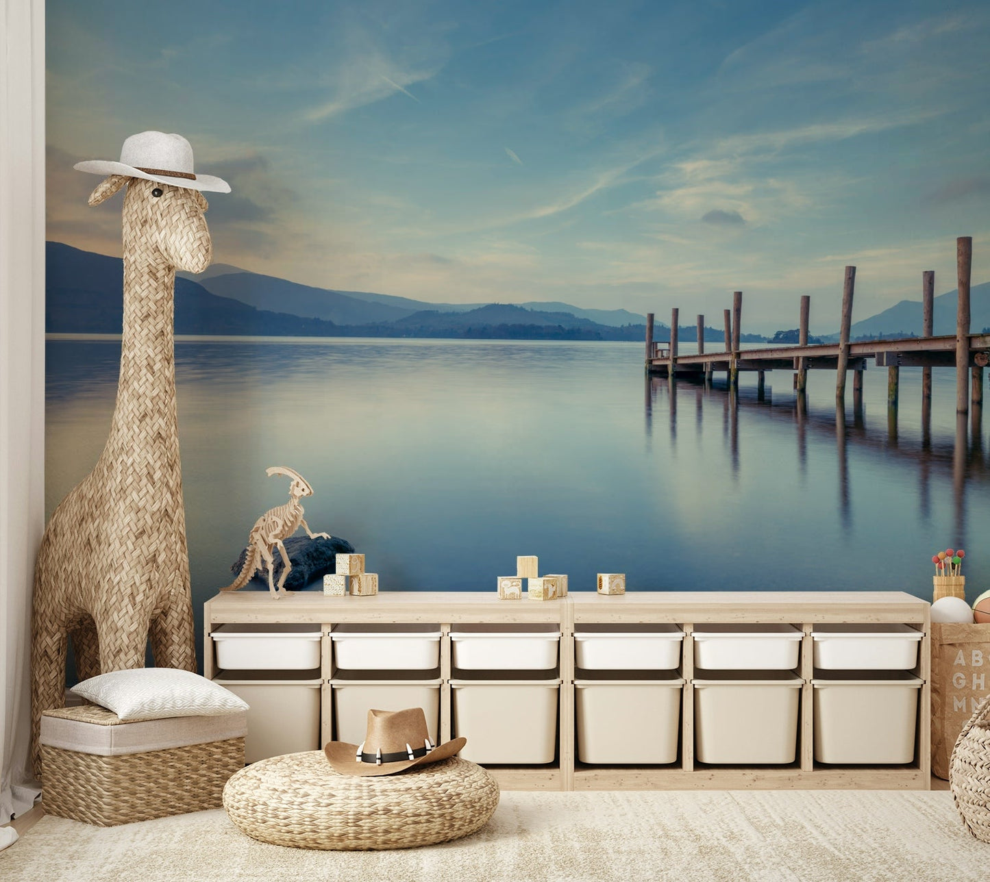 Distant mountains or serene sky reflected.

