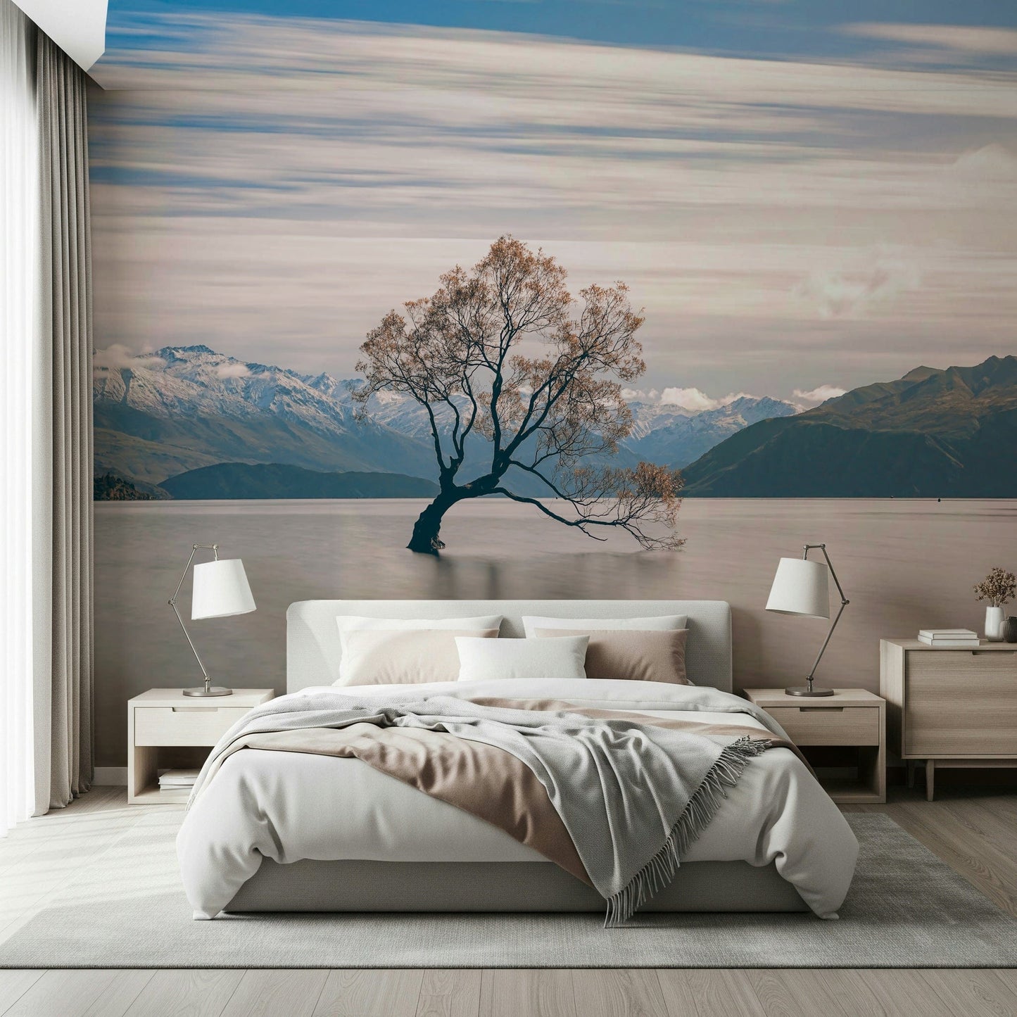 Calm lake wallcovering Famous Wanaka Tree photograph, subtle pink and blue sky.