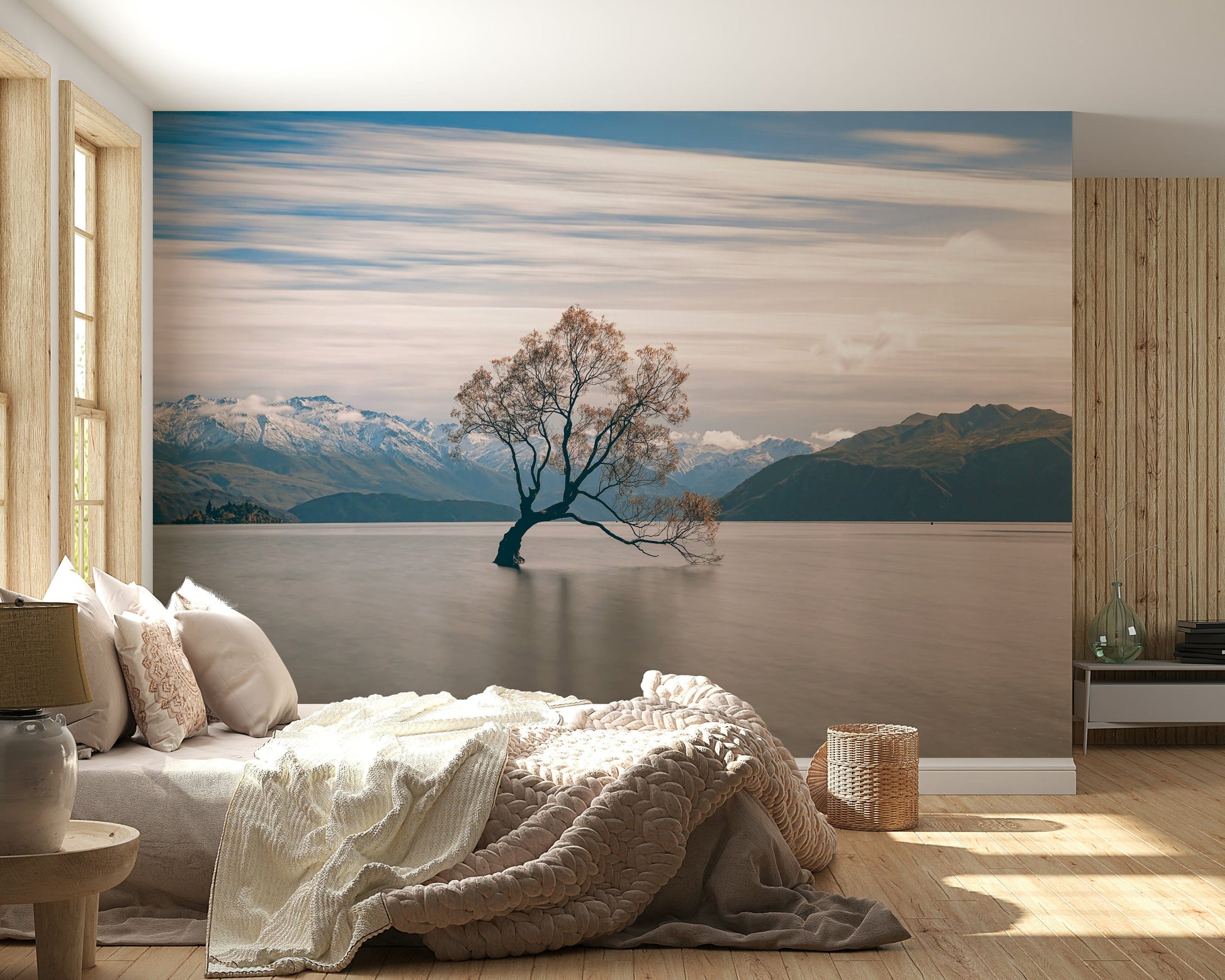 Serene lake poster Alpine environment, delicate tree silhouette, hazy winter light.