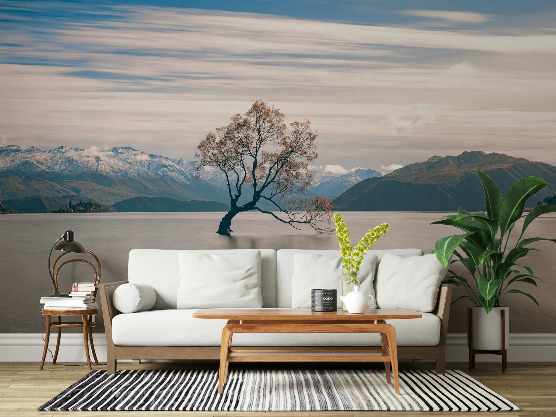 Lake Wanaka Tree Serenity mural: Solitary willow tree standing in shallow water.
