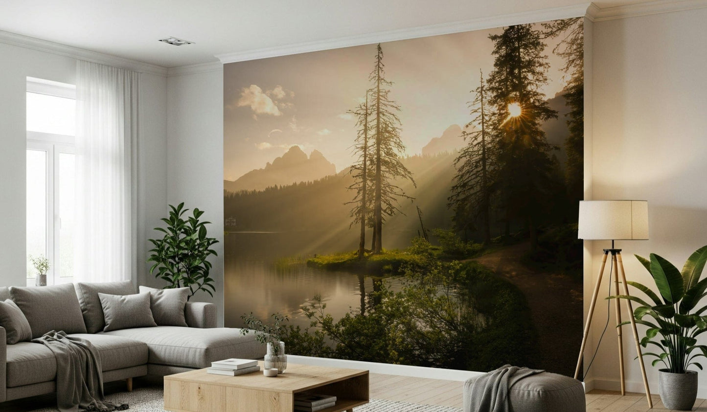 Lakeside Radiance wallpaper mountain lake sun rays photo.